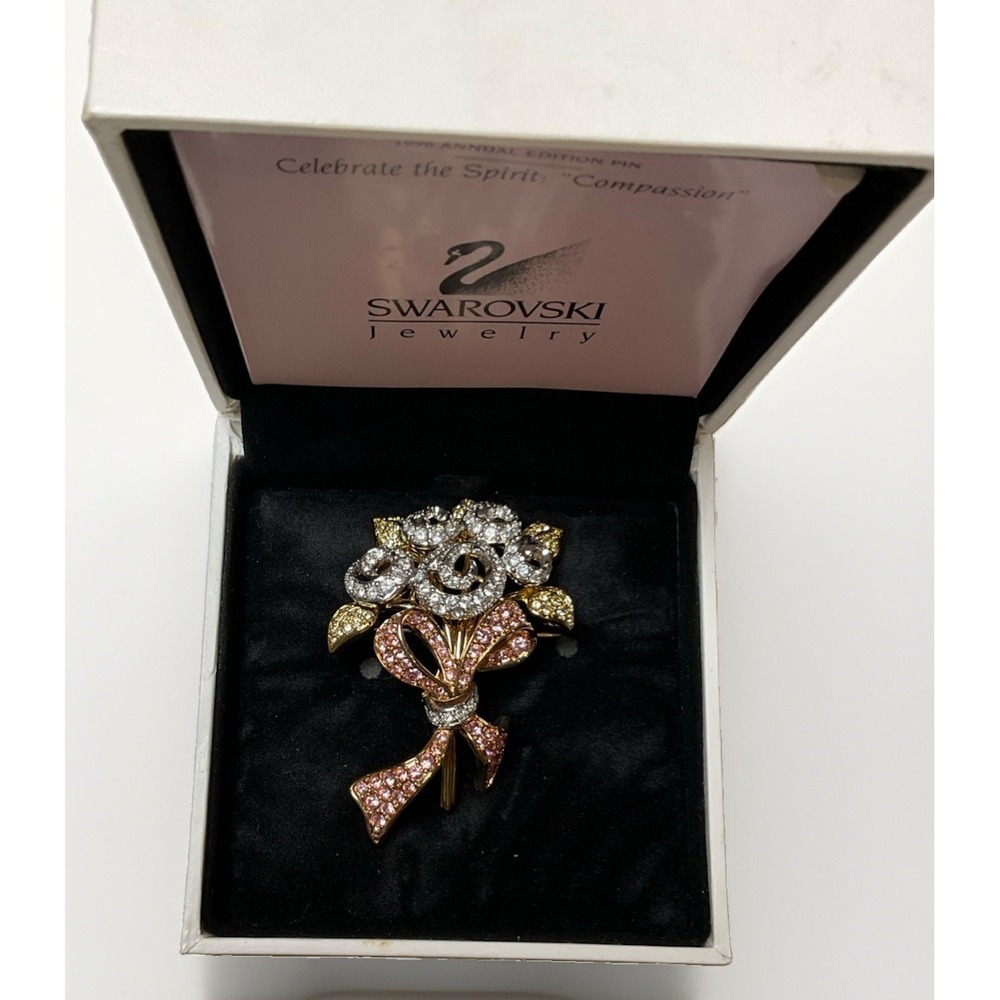 Swarovski 1998 Compassion Flower Bouquet Pin Colored Crystals Breast Cancer